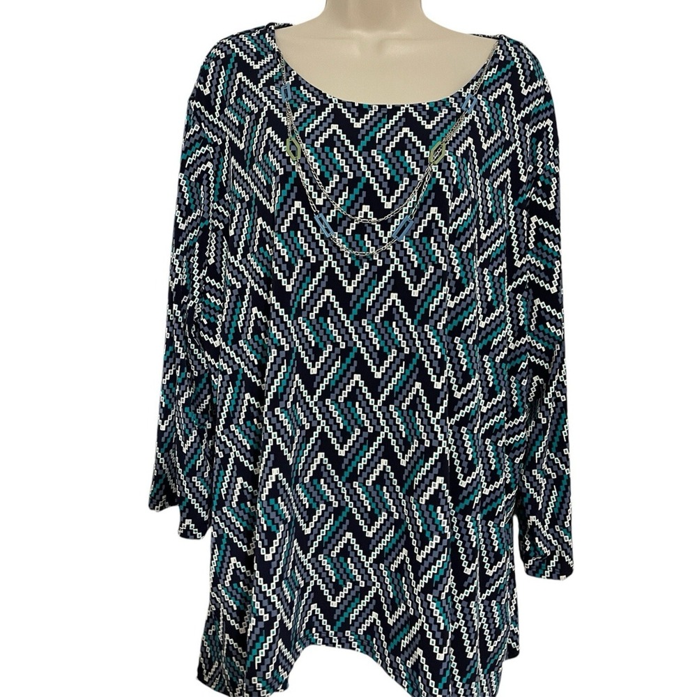 Alfred Dunner 1X 3/4 Sleeves Top Blouse Black White Turquoise‎ Round Neckline